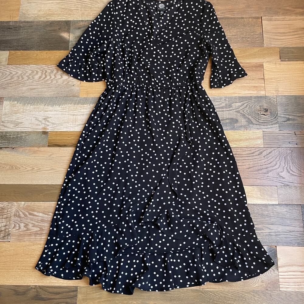 Bobeau Black White Polka Dot Midi Wrap Dress Ruffle Hem Women's Small - Picture 4 of 8